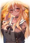 1girl absurdres adjusting_eyewear arm_up autumn_leaves blonde_hair blurry blurry_background braid breasts brown_neckwear brown_shirt character_name choker collarbone comic_lo copyright_name dark_skin dark_skinned_female elf glasses highres hololive huge_filesize inre_kemomimi large_breasts long_hair long_sleeves looking_at_viewer pointy_ears red_eyes ribbon sailor_collar shiranui_flare shirt sidelocks smile solo_focus tied_hair upper_body virtual_youtuber 