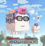  1up aviator_cap blue_sky blush_stickers box cardboard_box cloud controller day fish flying game_controller gameplay_mechanics goggles gooey_(kirby) happy_ghast highres invincible_candy kirby kirby_(series) maxim_tomato minecraft no_humans outdoors railroad_tracks sky smile suyasuyabi tree triforce twitter_username waddle_dee watermark wii_remote 