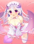  1girl :d aoi_yun bangs bare_shoulders blurry blurry_foreground blush breasts cleavage collar collarbone copyright_request demon_girl demon_horns demon_tail demon_wings depth_of_field detached_collar detached_sleeves dress eyebrows_visible_through_hair flower frilled_dress frilled_sleeves frills garter_straps grey_wings hair_between_eyes hair_flower hair_ornament heart horns large_breasts long_hair long_sleeves official_art open_mouth petals pink_background pointy_ears red_eyes ribbon silver_hair sleeves_past_wrists smile solo strapless strapless_dress tail thighhighs very_long_hair white_collar white_dress white_legwear white_ribbon wide_sleeves wing_collar wings 