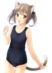  1girl animal_ear_fluff animal_ears ass_visible_through_thighs bangs bare_arms bare_shoulders black_ribbon black_swimsuit breasts brown_eyes brown_hair cat_ears cat_girl cat_tail collarbone commentary_request eyebrows_visible_through_hair hair_ribbon highres holding_tail old_school_swimsuit one-piece_swimsuit original ribbon school_swimsuit shibacha simple_background small_breasts solo swimsuit tail tail_grab thigh_gap twintails white_background 