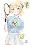  1girl ball bangs blonde_hair blue_eyes blue_shirt borrowed_design bubba_(watson_amelia) collared_shirt english_commentary hair_ornament highres holding holding_ball holding_racket hololive hololive_english looking_at_viewer looking_down nvl ponytail pout racket reference_photo_inset shirt signature skirt solo tennis_ball tied_hair v-shaped_eyebrows virtual_youtuber watson_amelia white_background white_skirt 