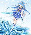  1girl aoki_reika bike_shorts blue_background blue_bow blue_eyes blue_hair blue_shorts blue_skirt blue_theme boots bow bowtie brooch closed_mouth crystal_sword cure_beauty full_body hair_tubes highres ice jewelry knee_boots long_hair looking_at_viewer magical_girl precure shorts shorts_under_skirt sidelocks skirt smile smile_precure! solo standing sword uraki weapon white_footwear wrist_cuffs 