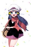  1girl :d bag bare_shoulders beanie blue_eyes blue_hair blurry blush breasts commentary_request cowboy_shot dawn_(pokemon) depth_of_field hat herunia_kokuoji highres long_hair looking_at_viewer medium_breasts open_mouth petals pink_skirt pokemon pokemon_(game) pokemon_dppt scarf shoulder_bag signature simple_background skirt sleeveless smile solo upper_teeth white_background white_headwear 