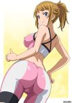  1girl ass back bare_shoulders bike_shorts blue_eyes border breasts brown_hair butt_crack cameltoe closed_mouth commentary_request covered_nipples cowboy_shot from_behind from_below gundam gundam_build_fighters gundam_build_fighters_try hand_on_own_hip highres hoshino_fumina large_breasts looking_at_viewer medium_hair midriff moeshino pink_shorts pink_sports_bra ponytail scrunchie shorts sidelocks smile solo sports_bra standing thumbs_up twitter_username two-tone_sports_bra white_border white_shorts white_sports_bra yellow_background 