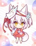  1girl animal_bag animal_ear_fluff animal_ears bag bangs black_footwear blush brown_eyes chibi closed_mouth commentary_request eyebrows_visible_through_hair floral_background flower fox_ears fox_girl fox_mask fox_tail full_body hair_between_eyes hair_flower hair_ornament hand_up irotoridori_no_sekai japanese_clothes kimono long_sleeves looking_at_viewer mask mask_on_head obi pink_hair red_kimono ren_(irotoridori_no_sekai) ryuuka_sane sash shoulder_bag sleeves_past_wrists smile solo standing tail twintails white_background white_flower wide_sleeves 