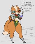  anthro beauty_mark blush boots canid canine clothing communicator conditional_dnp curvy_figure english_text footwear fox fox_mccloud girly gloves handwear male mammal navel nintendo pose solo spandex star_fox text thick_thighs tight_clothing video_games voluptuous wide_hips xopachi 