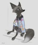  2020 anthro black_nose blue_eyes canid canine cheek_tuft clothed clothing danteslunte facial_tuft fox fully_clothed fur grey_body grey_fur hi_res inner_ear_fluff male mammal red_fox signature silver_fox sitting smile solo tuft 