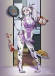  2020 4_toes anthro apron apron_only biped bottomless canid canine canis clothed clothing dalmatian digital_media_(artwork) domestic_dog english_text female food hair hi_res holding_clothing inside kara_resch kitchen licking licking_lips looking_at_viewer mammal mostly_nude ponytail purplelemons shadow solo standing text text_on_apron text_on_clothing toes tongue tongue_out 