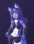  5_fingers alternate_costume anthro blue_body blue_fur blue_hair bra canid canine clothing crown eyebrows eyeshadow fingers fox fur gem hair jewelry krystal long_hair makeup mammal missmccloud nintendo solo star_fox tiara underwear video_games white_body white_fur white_inner_ear 