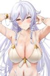  ahoge armpits arms_behind_head bikini bikini_top blush braid breasts cleavage collarbone draph granblue_fantasy haido_(ryuuno_kanzume) highres large_breasts long_hair looking_to_the_side silva_(granblue_fantasy) silver_hair simple_background swimsuit twin_braids upper_body very_long_hair white_background yellow_eyes 