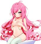  ahoge areolae bikini blush breasts covering covering_breasts eyebrows_visible_through_hair hair_between_eyes highres kneehighs long_hair looking_at_viewer mimoza navel nipples open_mouth pink_eyes pink_hair rasis simple_background sitting sound_voltex swimsuit teardrop white_background white_legwear 