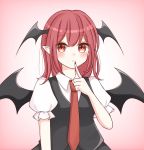  1girl bat_wings black_skirt black_vest blush breasts closed_mouth collared_shirt diamond-shaped_pupils diamond_(shape) eyebrows_visible_through_hair finger_to_mouth gradient gradient_background head_wings highres koakuma long_hair looking_at_viewer medium_breasts necktie pink_background piyoru_nico pointy_ears puffy_short_sleeves puffy_sleeves red_eyes red_hair red_neckwear shirt short_sleeves simple_background skirt solo symbol-shaped_pupils symbol_commentary touhou vest white_shirt wings 