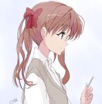 1girl bow brown_eyes brown_hair brown_sweater_vest closed_mouth collared_shirt commentary_request core_(mayomayo) from_side hair_bow holding holding_needle long_hair needle school_uniform shirai_kuroko shirt short_sleeves signature smile solo summer_uniform sweater_vest throwing_needles toaru_kagaku_no_railgun toaru_majutsu_no_index tokiwadai_school_uniform twintails v-neck white_shirt 