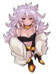  1girl android_21 bracelet breasts choker cleavage closed_mouth collarbone dragon_ball dragon_ball_fighterz earrings full_body hoop_earrings jewelry kemachiku long_hair majin_android_21 medium_breasts midriff navel pink_skin red_eyes simple_background solo white_background white_hair yellow_choker 