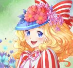  1girl :d blonde_hair blue_eyes blue_headwear bow candice_white_ardlay candy_candy day derivative_work flower green_background hat hat_bow hat_flower highres kaminary long_hair looking_at_viewer open_mouth outdoors pink_ribbon red_bow ribbon screencap_redraw shirt simple_background smile striped striped_bow striped_shirt 