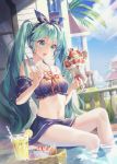  1girl :d aqua_hair blue_skirt cake cloud cup drinking_glass drinking_straw dutch_angle food green_eyes hair_ribbon hatsune_miku highres holding holding_spoon ice_cream long_hair midriff navel open_mouth outdoors ribbon sailor_collar sigi sitting skirt sky smile soaking_feet solo spoon sundae twintails very_long_hair vocaloid water 