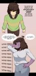 absurd_res ahoge anthro black_eyes bottomwear breasts brown_bottomwear brown_clothing brown_hair brown_pants clothed clothing deltarune demidoggo denim denim_bottomwear denim_clothing dialogue dinosaur duo english_text eyelashes female green_clothing green_sweater green_topwear grey_bottomwear grey_clothing grey_jeans grey_pants hair hair_over_eyes hand_behind_head hand_on_hip hi_res human jeans kris_(deltarune) larger_female long_hair male male_human mammal pants pattern_clothing pattern_sweater pattern_topwear pink_background prehistoric_species purple_body purple_scales reptile scales scalie sharp_teeth short_hair simple_background size_difference smaller_human smaller_male smile speech_bubble striped_clothing striped_sweater striped_topwear stripes susie_(deltarune) sweater tan_body tan_skin teeth text topwear undertale_(series) white_clothing white_topwear yellow_sclera