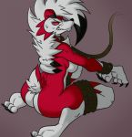  2020 anthro bound butt canid canine female fur growling looking_at_viewer lycanroc mammal mcfli midnight_lycanroc nintendo pok&eacute;mon pok&eacute;mon_(species) red_body red_eyes red_fur simple_background video_games white_body white_fur 