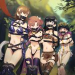  4girls absurdres alternate_costume arms_behind_back artist_name belt belt_bra black_boots black_hair blue_eyes blurry blurry_background blush boots borrowed_design bound_together bow breasts brown_belt brown_boots brown_eyes brown_hair cad_(caddo) commission defeat english_commentary flower gagged hair_bow hair_flower hair_ornament hairpin head_wreath highres leash linked_collar long_hair misaka_mikoto multiple_girls navel nipples outdoors pelvic_curtain restrained saten_ruiko second-party_source shirai_kuroko short_hair side_ponytail small_breasts thigh_boots toaru_kagaku_no_railgun toaru_majutsu_no_index torn_clothes uiharu_kazari white_bow wide-eyed 