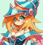  1girl aqua_eyes bare_shoulders blonde_hair blush_stickers breasts cleavage dark_magician_girl duel_monster eyebrows_visible_through_hair green_background hair_between_eyes hat hexagram highres hyou_(hyouga617) large_breasts long_hair looking_at_viewer simple_background solo upper_body wizard_hat yu-gi-oh! yu-gi-oh!_duel_monsters 