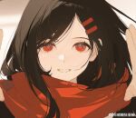  1girl black_hair chongzhen_085 close-up hair_ornament hairclip kagerou_project long_hair looking_at_viewer parted_bangs red_eyes red_scarf scarf smile solo tateyama_ayano teeth 