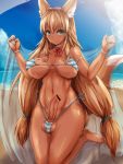  1girl animal_ears bar_censor beach bikini blonde_hair blue_sky bow censored closed_mouth cloud covered_nipples fox_ears fox_girl fox_tail futanari green_eyes hair_bow hair_ornament licking_lips long_hair looking_at_viewer low-tied_long_hair ocean original penis short_eyebrows sidelocks sitting sky smile solo striped striped_bikini sunlight sweat swimsuit tail tan tanline testicles tongue tongue_out ubanis very_long_hair wariza 