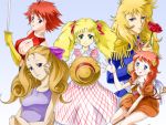  5girls ace_wo_nerae! bad_arm blonde_hair blue_eyes bow breasts brown_dress candice_white_ardlay candy_candy cleavage cleavage_cutout clothing_cutout cutie_honey cutie_honey_(character) dress epaulettes gloves hair_bow hair_ornament hat hat_removed headwear_removed holding holding_clothes holding_hat holding_sword holding_weapon jewelry kanzaki_megu locket long_hair long_sleeves majokko_megu-chan multiple_girls oscar_francois_de_jarjayes pendant pink_bow purple_shirt red_hair ryuuzaki_reika shirt simple_background striped striped_dress sword tongue tongue_out tsu_chi_miyuki twintails versailles_no_bara weapon yellow_gloves 