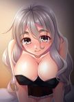  1girl :p absurdres bare_shoulders blanket blush breasts brown_eyes collarbone corset grey_hair hair_between_eyes highres indoors kantai_collection large_breasts lips miniskirt pola_(kantai_collection) red_skirt ruin_re_birth skirt thick_eyebrows tongue tongue_out wavy_hair 