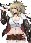  1girl absurdres animal_ears arknights bangs black_choker black_jacket breasts brown_eyes brown_hair brown_shorts choker cleavage commentary_request cowboy_shot crop_top fur-trimmed_jacket fur-trimmed_shorts fur_trim hair_between_eyes hand_on_hip hand_up highres huge_filesize jacket kongbai_huanxiang large_breasts lion_ears long_hair long_sleeves looking_to_the_side midriff mouth_hold navel open_clothes open_fly open_jacket over_shoulder partial_commentary short_shorts shorts siege_(arknights) solo standing stomach tank_top weapon weapon_over_shoulder white_tank_top 