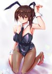  1girl animal_ears black_leotard black_neckwear blush breasts brown_eyes brown_hair brown_legwear bunny_ears bunny_tail cleavage commentary_request detached_collar gaijuu high_heels highres kaga_(kantai_collection) kantai_collection kneeling large_breasts leotard long_hair looking_at_viewer necktie pantyhose parted_lips playboy_bunny red_footwear side_ponytail simple_background solo strapless strapless_leotard tail white_background wrist_cuffs 