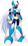 1boy alternate_color android armor blue_skin forehead_jewel gem glitch gloves helmet highres long_hair looking_at_viewer male_focus mizuno_keisuke navigator no_mouth official_art ponytail robot rockman rockman_x rockman_x1 rockman_x_dive slit_pupils solo third-party_source transparent_background very_long_hair via_(rockman) white_hair yellow_sclera 