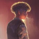  1boy absurdres afro black_shirt brown_hair closed_eyes curly_hair from_behind grey_hair grey_sleeves highres janagreniuk jojo_no_kimyou_na_bouken jojolion multicolored_hair obladi_oblada realistic shirt smoke stuffed_animal stuffed_toy teddy_bear tooru_(jojolion) upper_body 