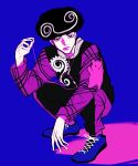  black_hair black_pants blue_background blue_boots boots colored_skin high_collar highres jojo_no_kimyou_na_bouken jojolion multicolored_hair multicolored_pants pants pink_headphones purple_eyes purple_pants purple_sleeves rrrrmiuh squatting stuffed_animal stuffed_toy teddy_bear tooru_(jojolion) white_hair white_skin 