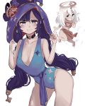  2girls blue_swimsuit blush breasts choker cleavage closed_mouth cowboy_shot dismassd genshin_impact hand_on_headwear hat highres mona_(genshin_impact) multiple_girls paimon_(genshin_impact) purple_hair sarong simple_background strapless swimsuit tubetop twintails wavy_mouth white_background white_hair witch_hat 