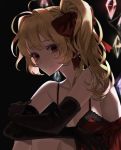  1girl absurdres ahoge arms_on_knees bare_shoulders black_background blonde_hair blurry bow breasts cleavage closed_mouth collarbone crystal depth_of_field dress elbow_gloves expressionless eyelashes eyes_visible_through_hair flandre_scarlet gloves hair_bow hair_intakes highres knees_up looking_at_viewer medium_breasts mell_(dmwe3537) no_hat no_headwear one_side_up red_bow red_dress short_hair simple_background sleeveless solo symbol_commentary touhou upper_body wings 