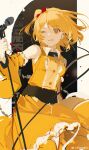  1girl absurdres bare_shoulders blonde_hair chongzhen_085 collared_dress detached_sleeves dress hair_ribbon highres holding holding_microphone_stand kagerou_project kisaragi_momo looking_at_viewer microphone microphone_stand one_eye_closed red_eyes red_ribbon ribbon smile solo watermark weibo_username weibo_watermark yellow_dress 