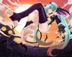  1girl ankle_brace barefoot bat blue_eyes blue_hair blush choker costume demon_costume demon_wings eiji_(eiji) evil_smile feet fingerless_gloves fingernails floating full_moon gloves halloween halloween_costume hatsune_miku highres long_fingernails moon red_nails single_thighhigh smile soles thighhighs thong toeless_legwear toes trick_or_treat twintails vocaloid wings 