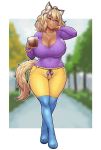  1girl animal_ears arm_behind_head blonde_hair blush boots breasts cleavage commission cup denim english_commentary erkaz eyeshadow highres holding holding_cup jeans jewelry knee_boots large_breasts looking_to_the_side makeup mug necklace original pants purple_eyeshadow purple_sweater ribbed_sweater smile solo sweater tail walking wide_hips yellow_eyes yellow_pants 