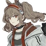  1girl angelina_(arknights) animal_ears arknights black_choker black_collar black_gloves black_shirt blush brown_hair choker close-up closed_mouth coat collar collarbone commentary_request earpiece fox_ears gloves hairband hand_up infection_monitor_(arknights) jacket long_hair long_sleeves looking_at_viewer open_clothes open_coat open_jacket red_eyes red_hairband red_jacket shirt sidelocks simple_background smile solo striped_clothes striped_hairband twintails two-tone_hairband unzipped upper_body white_background white_coat wm1846 
