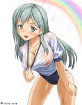  1girl aqua_eyes aqua_hair blue_buruma blush breasts breath buruma cleavage cocoa_(cocoa0191) covered_nipples eyebrows_visible_through_hair gym_shirt gym_uniform hair_between_eyes hair_ornament hairclip kantai_collection large_breasts long_hair looking_at_viewer open_mouth rainbow shirt shirt_grab short_sleeves signature simple_background solo suzuya_(kantai_collection) sweat twitter_username water wet wet_buruma wet_clothes wet_shirt white_background white_shirt 