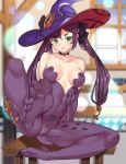  1girl bare_shoulders black_hair blue_leotard bodystocking censored feet genshin_impact green_eyes hat hat_ornament highres leotard long_hair looking_at_viewer mage mona_(genshin_impact) no_shoes pantyhose purple_headwear purple_leotard pussy soles star_(symbol) star_hat_ornament table thighlet thighs toes twintails vibncent witch_hat wizard_hat 