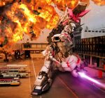  3d building bus commentary_request destruction energy_sword explosion gundam gundam_unicorn hiropon_(tasogare_no_puu) machinery mecha mecha_focus mobile_suit motor_vehicle photo_background realistic robot science_fiction sword unicorn_gundam v-fin weapon 
