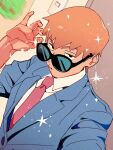  1boy adjusting_eyewear arms_up blonde_hair blue_jacket closed_mouth collared_shirt commentary dutch_angle ekubo_(mob_psycho_100) hair_between_eyes highres jacket lapels light_switch long_sleeves looking_to_the_side male_focus mob_psycho_100 necktie notched_lapels red_necktie reigen_arataka shirt sideways_glance siotomato solo_focus sparkle suit_jacket sunglasses symbol-only_commentary white_shirt wing_collar 
