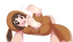  1girl animal_costume animal_ears animal_hood ass bangs barefoot blush blush_stickers brown_eyes brown_hair child cosplay eevee eevee_(cosplay) eevee_ears eevee_tail eyebrows eyebrows_visible_through_hair eyelashes feet feet_up foot_focus gen_1_pokemon hair_between_eyes heart holding hood hood_up hoodie legs legs_up looking_at_viewer maidforge open_mouth poke_kid_(pokemon) pokemon pokemon_(game) pokemon_swsh pov pov_hands short_hair simple_background smile soles solo_focus tail teasing teeth toe_scrunch toenails toes tongue white_background 