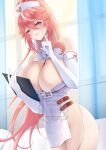  1girl absurdres azur_lane breasts cleavage clipboard elbow_gloves franklin_(azur_lane) franklin_(heart-throbbing_records)_(azur_lane) gloves hair_between_eyes hat highres huge_breasts id_card indoors konparu_uran long_hair looking_at_viewer mole mole_on_breast mole_on_crotch mole_on_groin mole_under_mouth multicolored_hair nurse nurse_cap official_alternate_costume pink_hair ponytail purple_eyes skindentation smile streaked_hair white_hair 