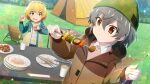  2girls :t black_hairband blonde_hair brown_eyes brown_jacket camping camping_chair carrot chopsticks cup disposable_cup drink dutch_angle eating folding_table game_cg green_hat grey_hair hairband hat highres higurashi_no_naku_koro_ni higurashi_no_naku_koro_ni_mei holding holding_skewer houjou_satoko jacket kimiyoshi_kazuho knit_hat lens_flare long_sleeves looking_at_another looking_at_food multicolored_jacket multiple_girls mushroom non-web_source official_art on_grass open_clothes open_jacket open_mouth outdoors paper_plate plate portable_stove shiitake shirt short_hair skewer sparkle standing striped_clothes striped_shirt surprised sweatdrop table tent tongs two-tone_jacket upper_body v-shaped_eyebrows wavy_mouth 