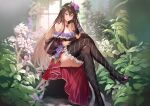  1girl bangs bare_shoulders black_gloves black_legwear breasts brown_hair cleavage closed_mouth collar commentary_request crossed_legs dress flower garter_straps gloves granblue_fantasy hair_ornament high_heels lips long_hair looking_at_viewer nr_noir purple_eyes rosetta_(granblue_fantasy) shiny shiny_hair simple_background sitting solo strapless strapless_dress thighhighs thighs 