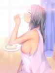  1girl a.x. areola_slip areolae bare_shoulders black_hair blurry bread breasts commentary_request cup curtains drinking drinking_glass food from_side large_breasts long_hair looking_to_the_side original plate purple_eyes sideboob sitting table tank_top window 
