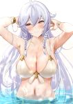  1girl ahoge armpits arms_behind_head arms_up bangs bare_shoulders bikini blush bracelet braid breasts cleavage closed_mouth collarbone granblue_fantasy haido_(ryuuno_kanzume) highres jewelry large_breasts long_hair looking_to_the_side navel sidelocks silva_(granblue_fantasy) silver_hair simple_background swimsuit twin_braids very_long_hair wading water wavy_hair wet white_background white_bikini yellow_eyes 