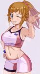  1girl absurdres arm_up armpits bare_shoulders bike_shorts blue_eyes blush bracer breasts brown_hair collarbone commentary_request cowboy_shot grin groin gundam gundam_build_fighters gundam_build_fighters_try hand_on_own_hip highres hoshino_fumina large_breasts long_hair looking_at_viewer midriff navel one_eye_closed partial_commentary pink_shorts pink_sports_bra ponytail sagari_(illust_sagari) scrunchie shorts sidelocks simple_background smile solo sports_bra standing sweat teeth two-tone_sports_bra v white_background white_shorts white_sports_bra 